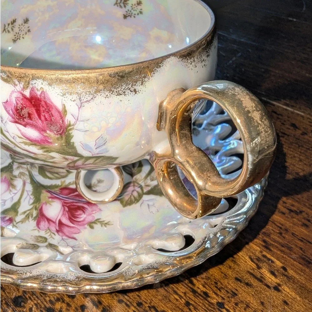 Vintage Royal Sealy China Pink Rose Lusterware Footed Teacup‎ and Saucer Japan